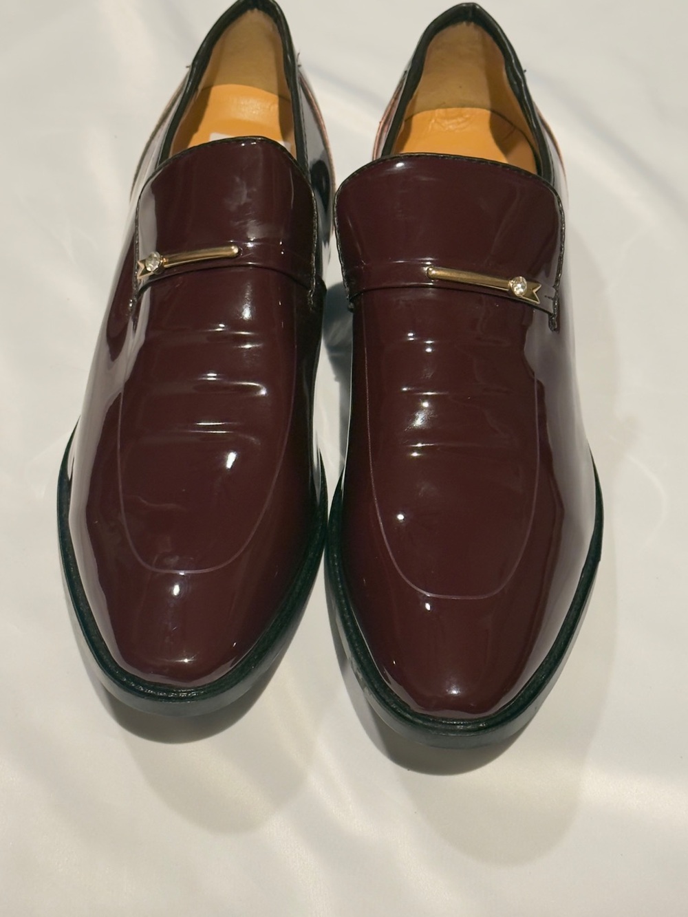 Men's Burgundy Patent Slip-On Loafers with Gold Accent